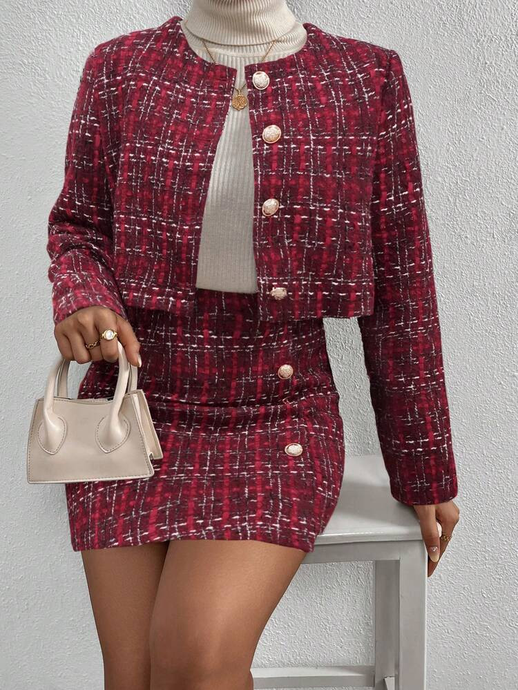 SHEIN Clasi Women's Plaid Print Button Front Long Sleeve Jacket And Mini Skirt Elegant 2-Piece Set | SHEIN