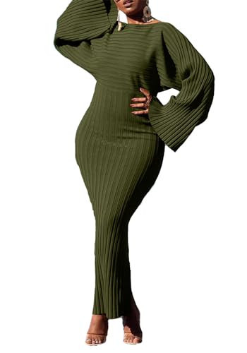 LETSVDO Sweater Dress for Women Off Shoulder Flare Sleeve Ruched Knitted Ribbed Formal Midi Long Sweaters Dresses | Amazon (US)