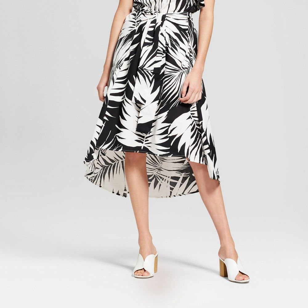 Women's Palm Print Tie Front Midi Skirt - Who What Wear Black/White 10, Black/White Palm Print | Target