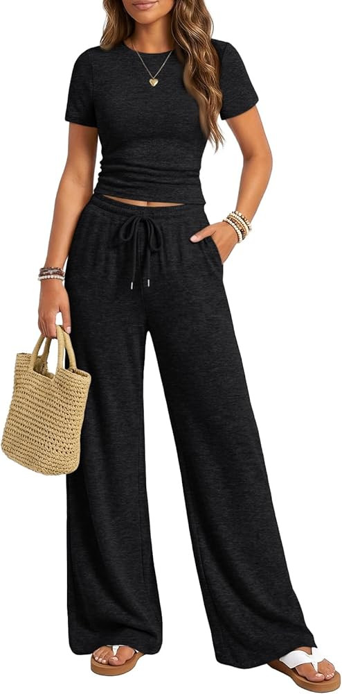 Trendy Queen Womens 2 Piece Lounge Matching Sets Wide Leg Pants Crew Neck Short Sleeve Shirt Swea... | Amazon (US)