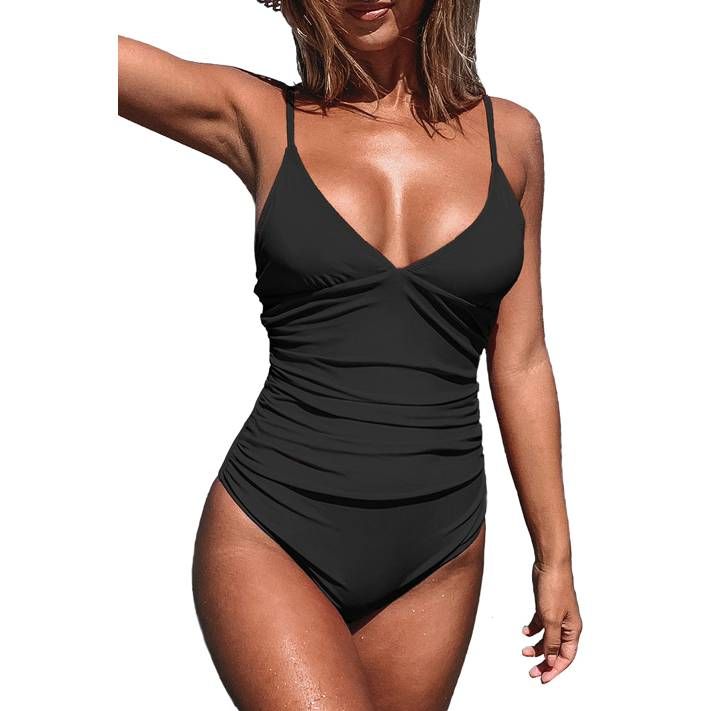 Cupshe Women's Black Ruched One Piece Swimsuit Plunging Neckline Monokini, M - Walmart.com | Walmart (US)