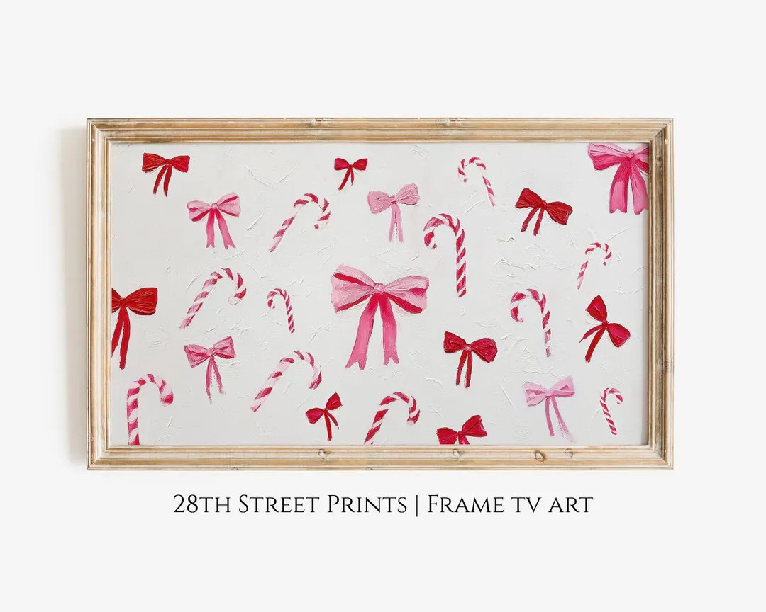 Christmas Frame TV Art, Candy Canes Pink and Red Bows Digital Download, Christmas Decor, Christma... | Etsy (US)