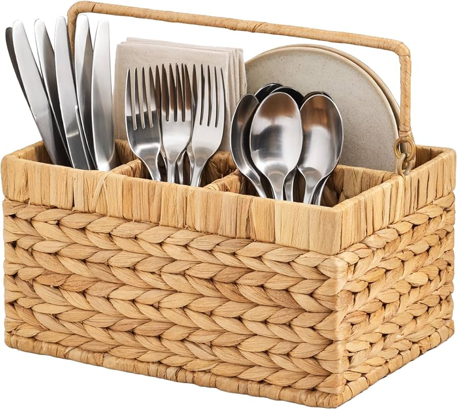 Best Choice Products Handwoven Silverware Organizer w/Handle, 4 Compartment Flatware Organizer, Shelf Storage Basket, Wicker Utensil Caddy, Cutlery Basket Holder for Party, Picnic, BBQ - Natural | Amazon (US)