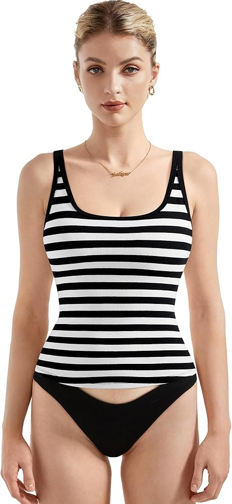 SUUKSESS Women Padded Cotton Ribbed Long Tank Tops 2025 Summer Going Out Basic Scoop Neck Cami To... | Amazon (US)