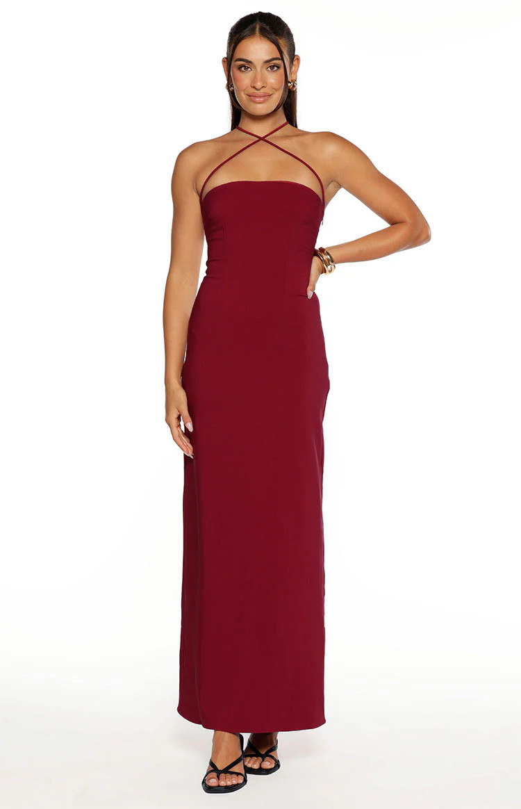 Del Mar Burgundy Crepe Formal Maxi Dress | Beginning Boutique (AU)
