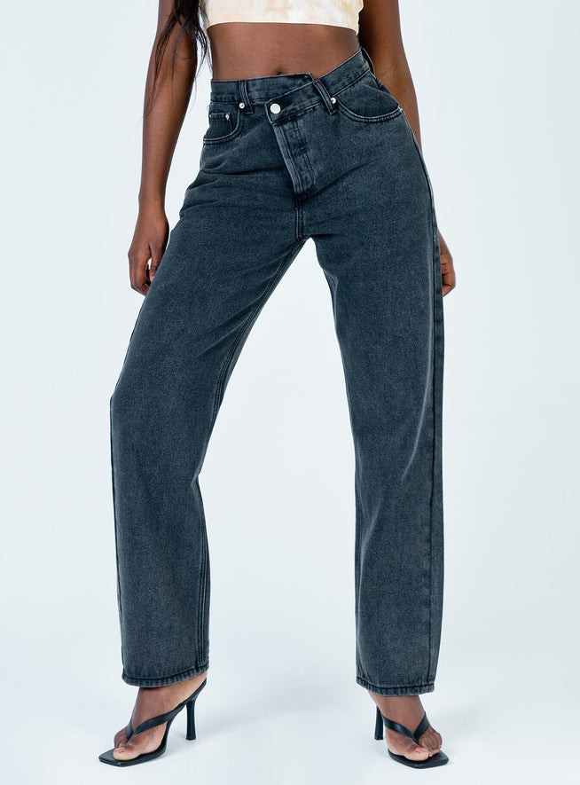 Holly Asymmetric Straight Leg Jean Black Denim | Princess Polly US