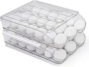 Auto-Rolling Egg Organizer for Refrigerator with Lid (36 Eggs)| New & Improved 2 Pcs Stackable Eg... | Amazon (US)