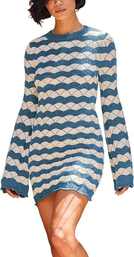 UANEO Striped Summer Dresses for Women 2024 Long Sleeve Crochet Knit Coverup Mini Dress | Amazon (US)
