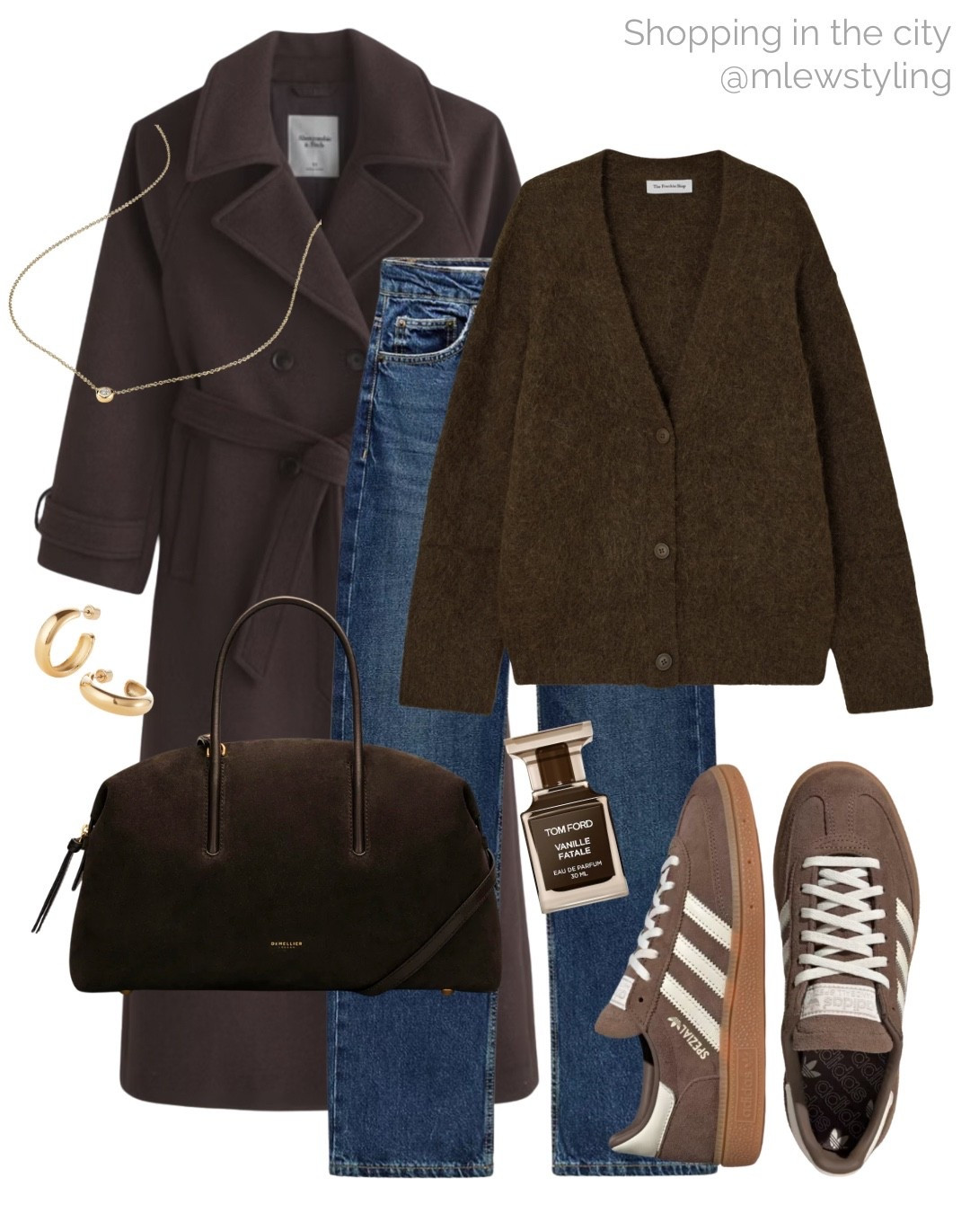 Shopping in the city outift 🤎

Tags: autumn outfit, winter fashion, Abercrombie tie-belt coat, new in Zara dark wash jeans, chocolate brown cardigan sweater, the Frankie shop espresso brown suede DeMellier bag, Sephora Tom ford perfume, adidas Spezial sneakers, gold hoop earrings, Mejuri diamond necklace 

#LTKGiftGuide #LTKHoliday #LTKootd