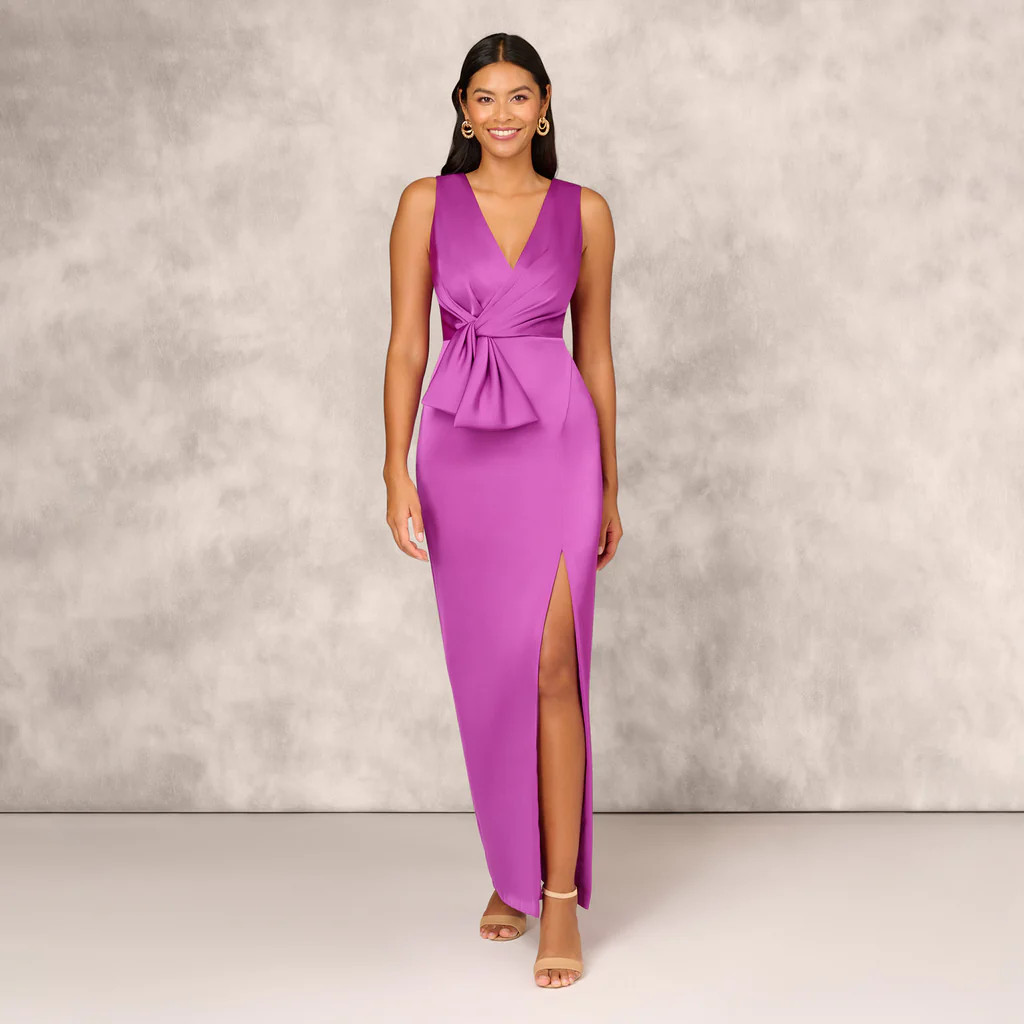 Sleeveless Satin Crepe Column Gown With Bow Waist In Wild Orchid | Adrianna Papell