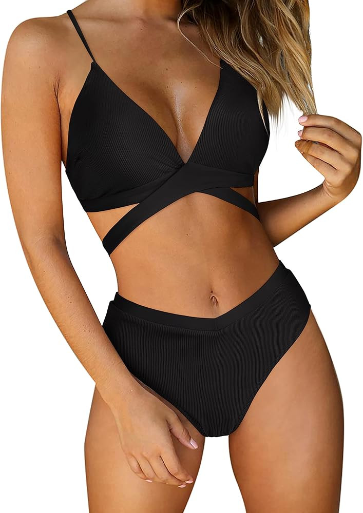 RUUHEE Women Bikini Set Criss Cross String Ribbed V Neck Push Up Top High Waist Bottom Sexy Swims... | Amazon (US)