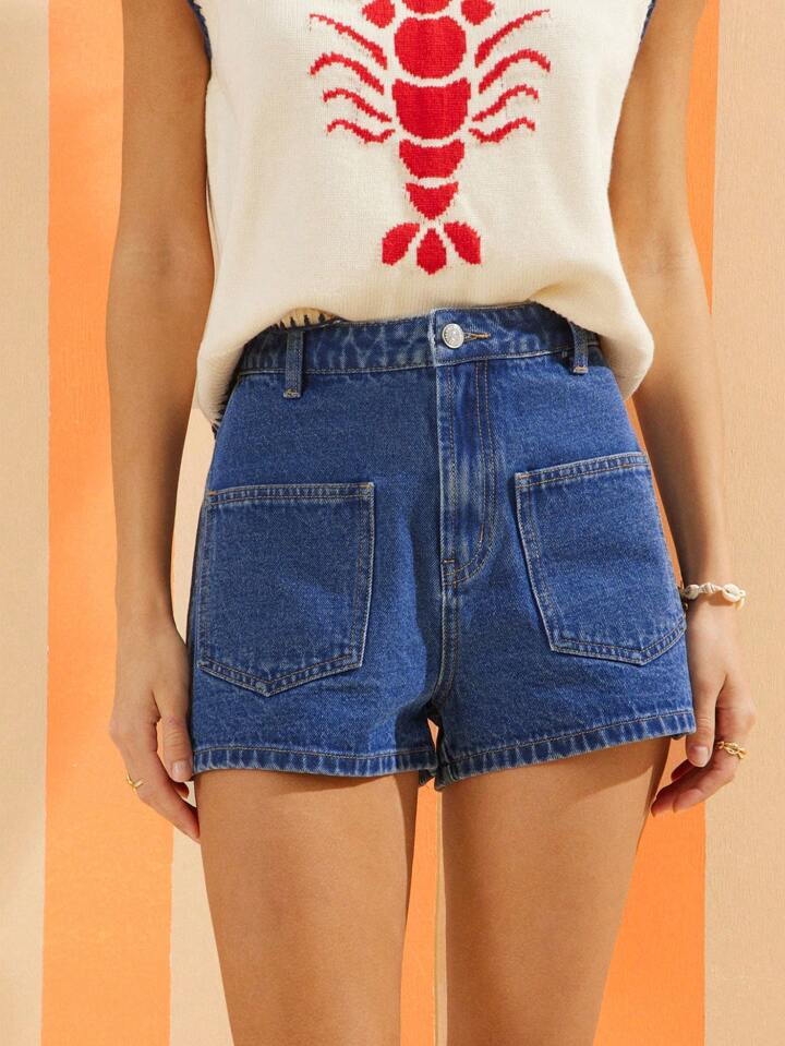 WESTFADE High Rise Patch Pocket Regular Fit Western Denim Jeans Spring Break Shorts | SHEIN