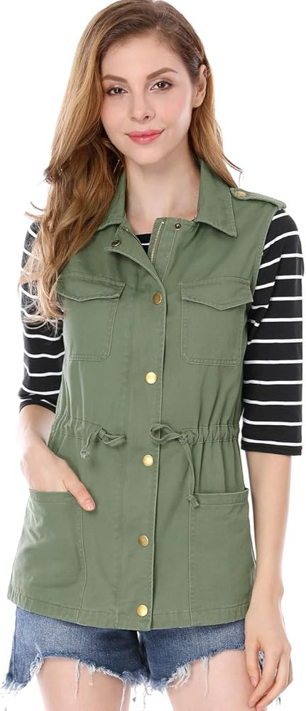 Allegra K Women's Drawstring Lightweight Utility Outdoor Jackets Anorak Cargo Vest | Amazon (US)