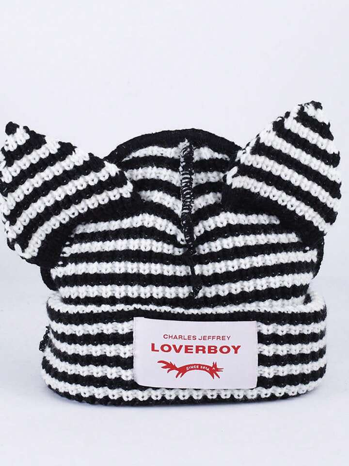 1pc Women's Hat, Korean Style Sweet Fox Ear Striped Knitted Hat With Letter Patch, Suitable For O... | SHEIN