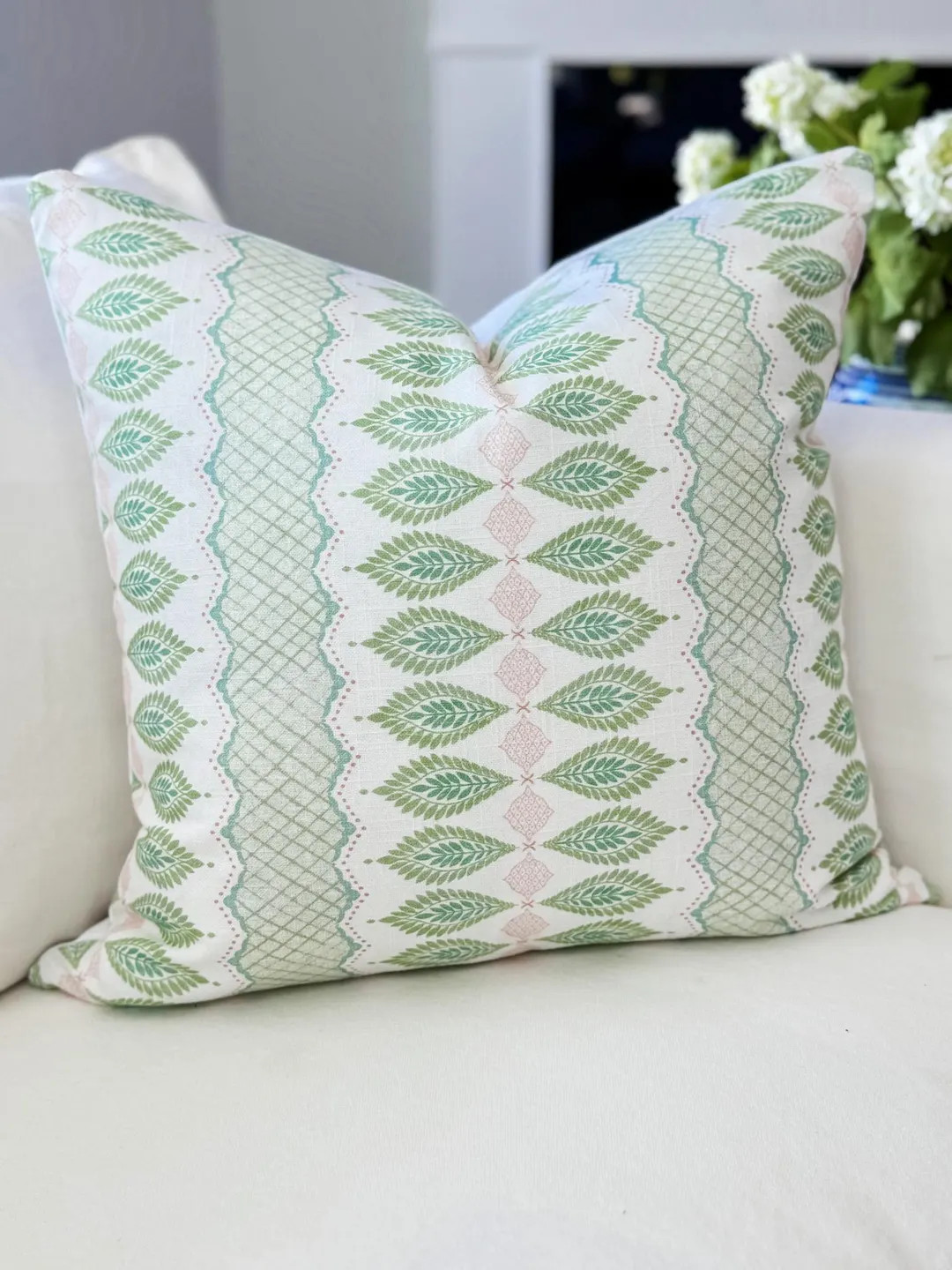 Lillian August Green Pink Floral Block Print Pillow Cover - Grandmillennial Decor | Etsy (US)