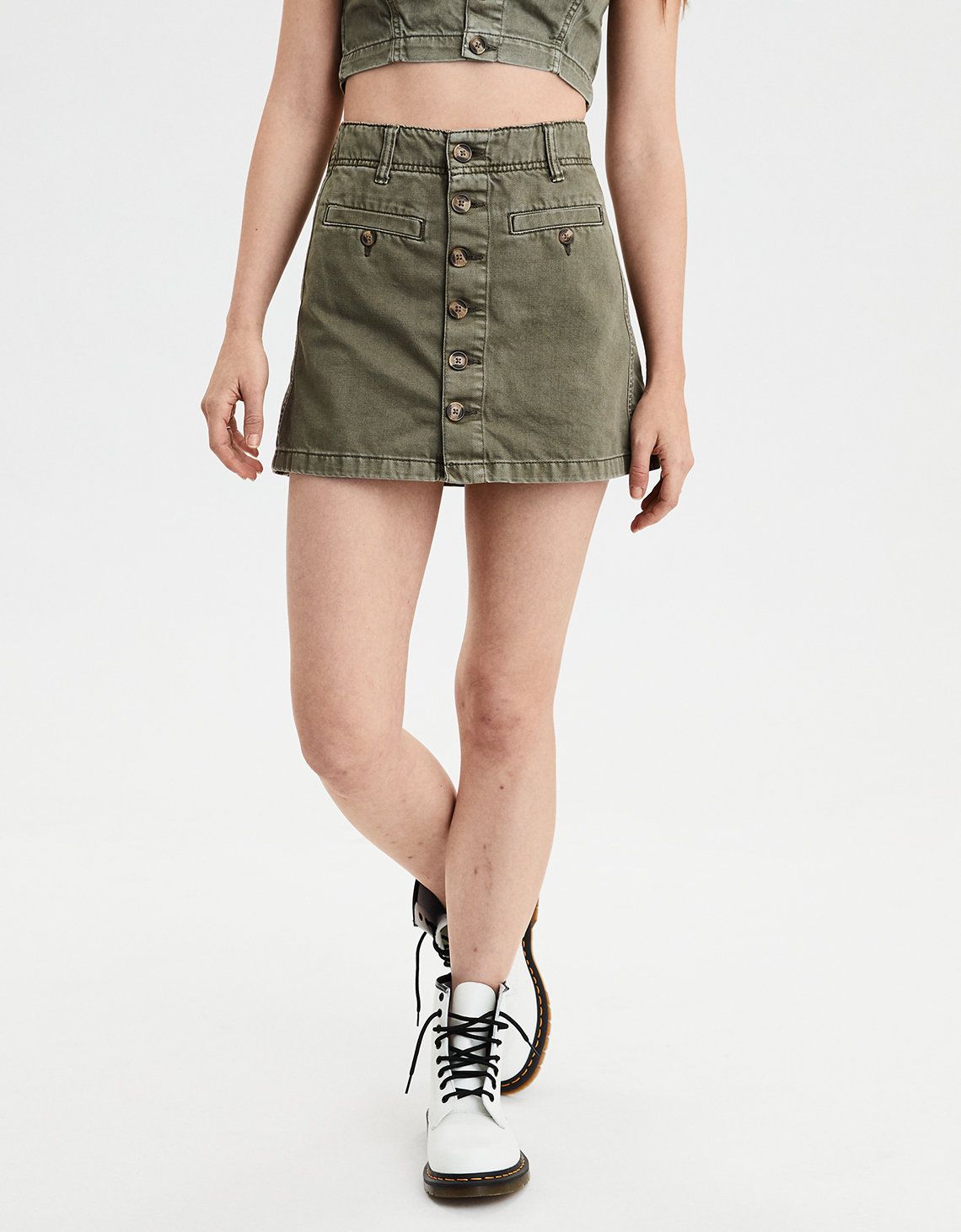 AE High-Waisted Denim A-Line Skirt, Olive | American Eagle Outfitters (US & CA)