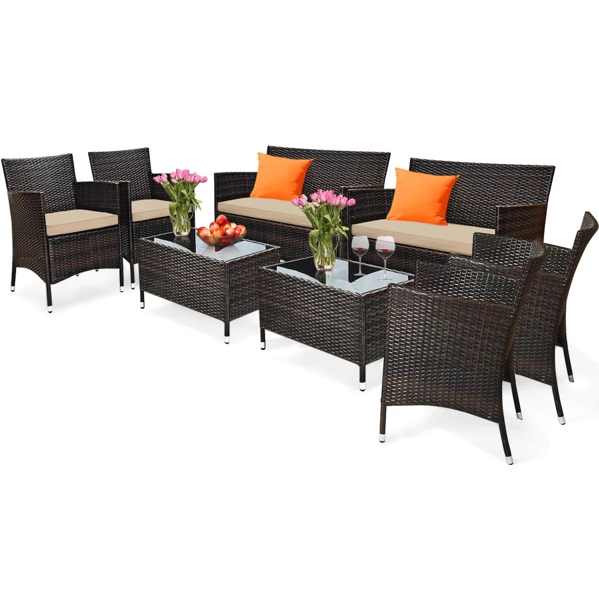Gymax 8-Piece Patio Rattan Outdoor Furniture Set with Cushioned Chair Loveseat Table in Brown - W... | Walmart (US)