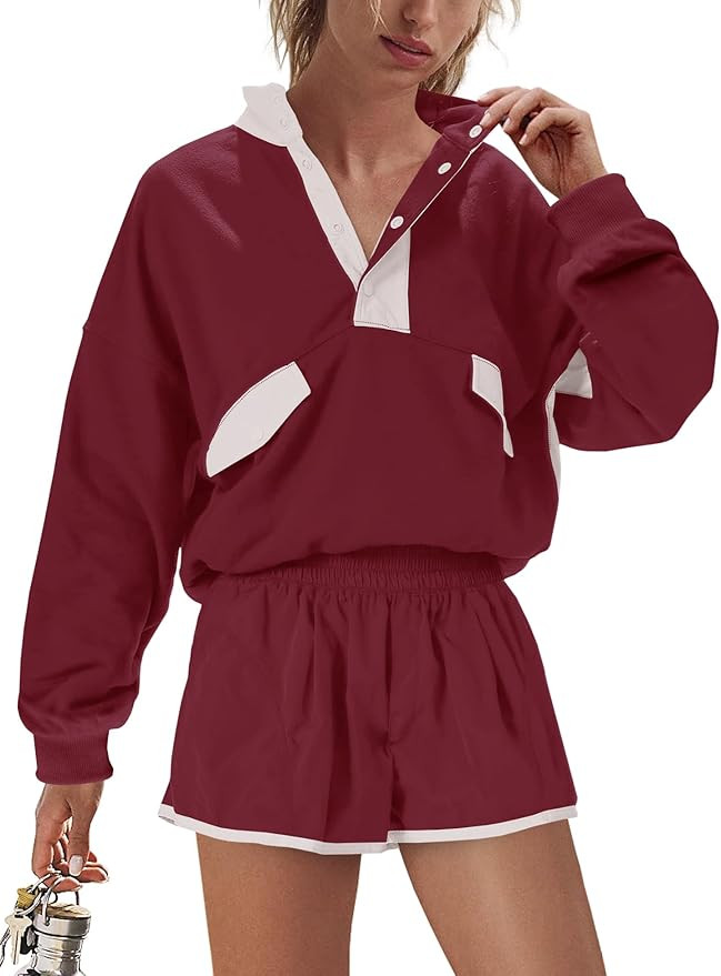 LAMISSCHE Work out Sets Gym for Women Sweatsuits 2 Piece Set Long Sleeve Top & Shorts Active Wear... | Amazon (US)