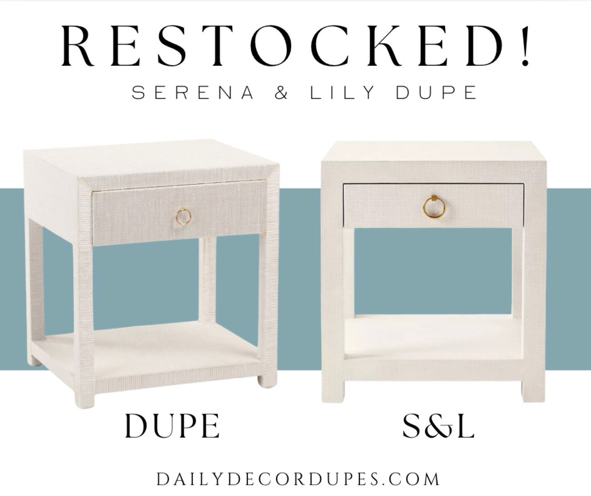 RESTOCKED!! Serena & Lily nightstand dupes. Dupe for Serena & Lily’s driftway nighstand and Blake nightstand in chalk ivory white color.

Grasscloth linen fabric wrapped nightstand with 1 drawer and gold ring drawer pull. Dupe dupes more affordable option find replica copy cat similar look for less budget friendly affordable cheap cheaper beautiful pretty. Clearance sale coupon code discount code promo code luxury lookalike look a like Inspo inspiration inspired by idea ideas Love dupes like these? I share multiple every day in my FB group “DAILY DECOR DUPES”

#LTKSaleAlert #LTKSummerSales #LTKHome