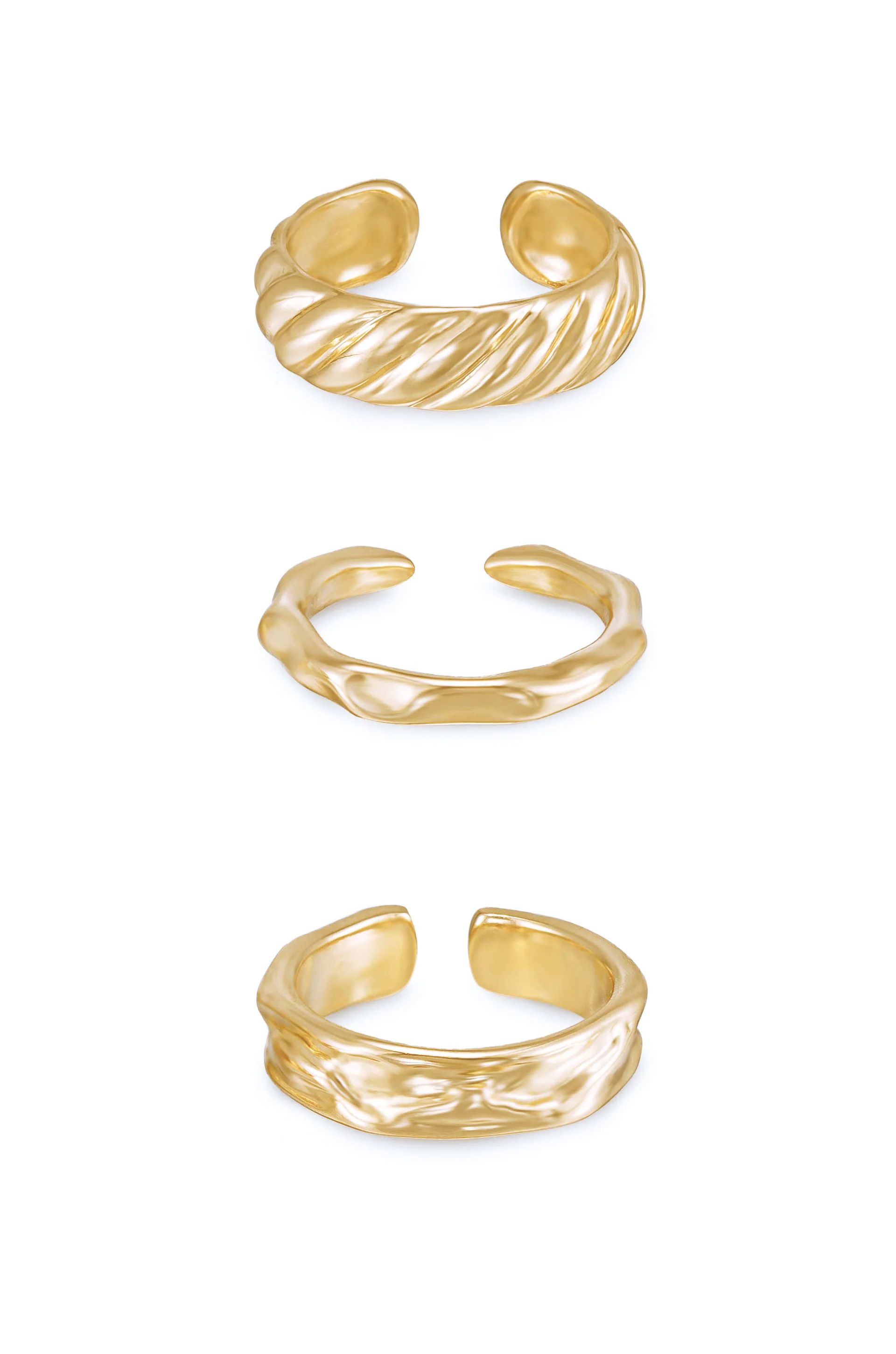 Hand Worked 18k Gold Plated Ring Set of 3 | Ettika
