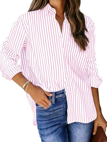 Paintcolors Stripes Button Up Shirts for Women Long Sleeve V Neck Cotton Tops Work Casual Blouses Tunics -Pink_2051 S | Amazon (US)