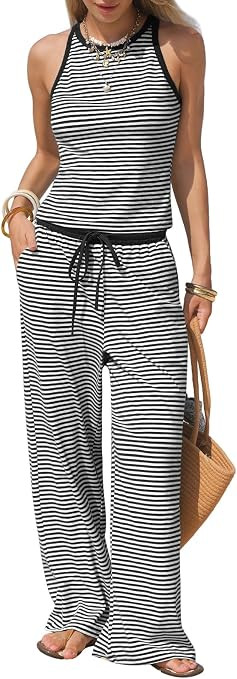 EXLURA Womens Cotton Summer 2 Piece Outfits Striped Halter Tops Matching Wide Leg Pant Sets Loung... | Amazon (US)