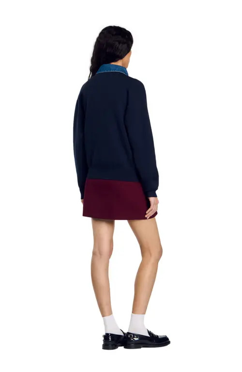 SANDRO Sweater with denim collar in Navy Blue at Nordstrom, Size Small | Nordstrom