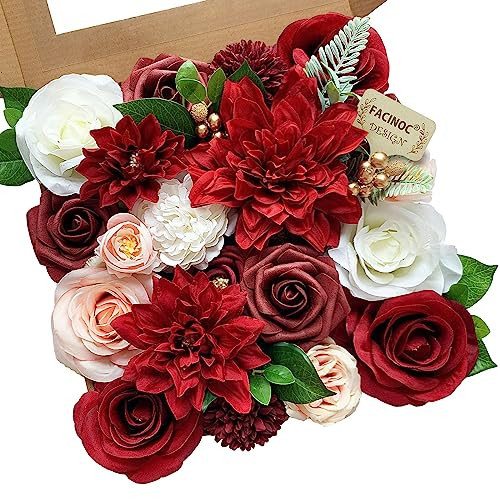 FACINOC Roses Artificial Flowers Red Bouquet Box Set Fake Flower for DIY Bridal Wedding Shower Decorations Centerpieces for Table Faux Silk Floral Arrangement for Party Home Decor Indoor Burgundy | Amazon (US)
