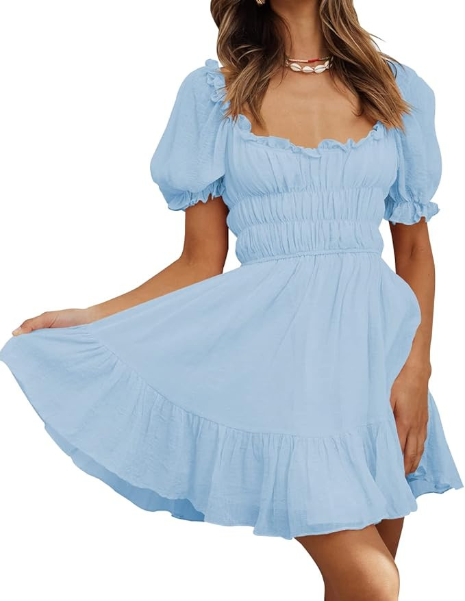 Merzhiiry Smocked Puff Sleeve Square Neck Dress for Women Ruffle Flowy Swing Tiered A Line Short ... | Amazon (US)