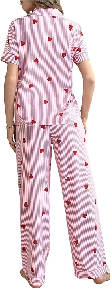 WDIRARA Women's Striped Heart Print 2 Piece Pajama Set Short Sleeve Button Down Pants Sleepwear | Amazon (US)