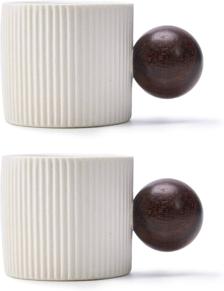 Ceramic Mini Espresso Cups Demitasse Cups with Round Wooden Handle Vertical Stripes Tea Cups (whi... | Amazon (US)