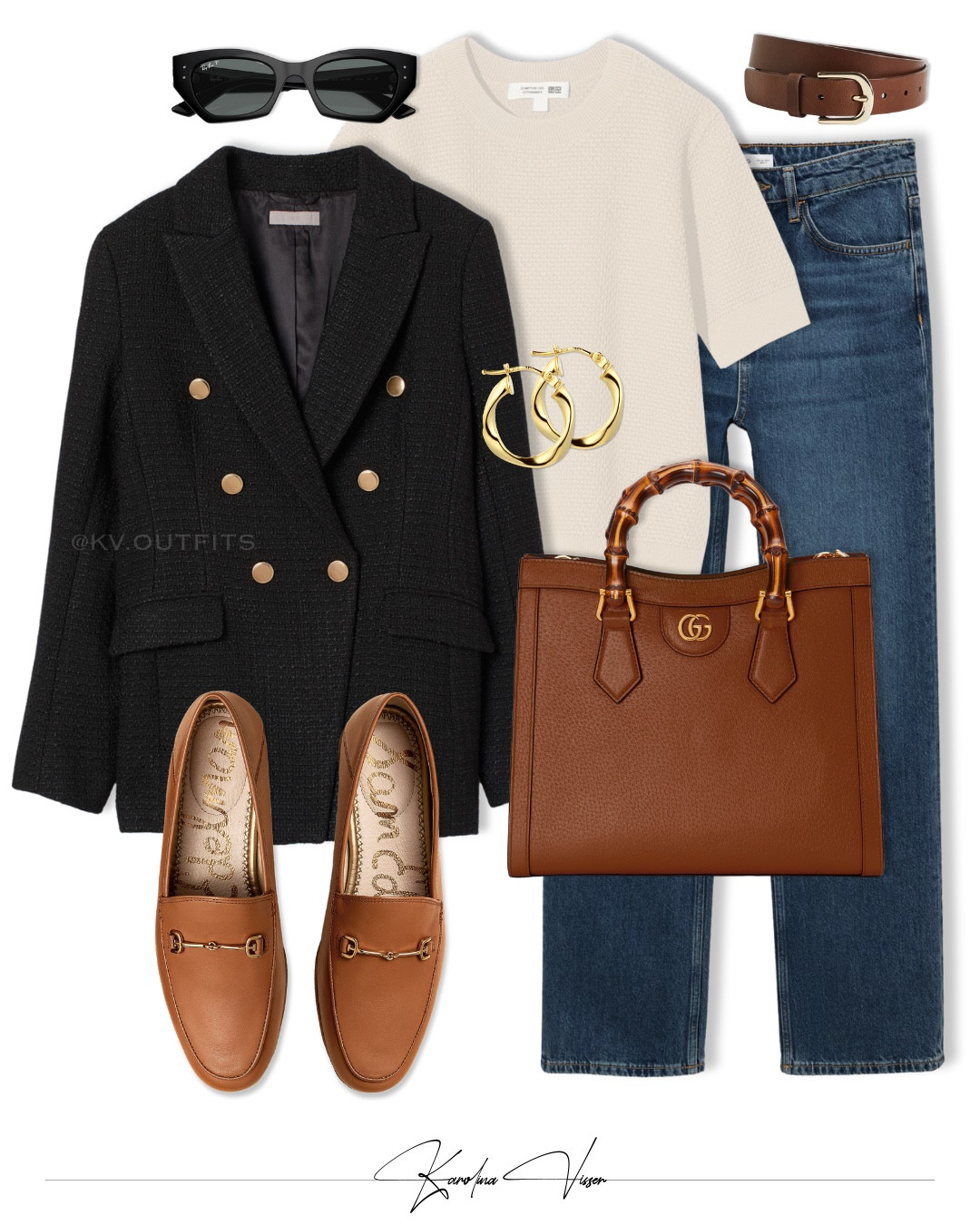 OOTD Black & brown 🖤🤎👖

Black blazer with gold buttons, cream knitted top, blue straight jeans, brown leather loafers, brown leather bag. 

Blazer - H&M
Top - Uniqlo
Jeans - Mango
Shoes - Sam Edelman
Bag - Gucci
Sunglasses - Ray-Ban
Belt - H&M

Tags: black textured boucle blazer gold buttons h&m cream popcorn knitted top uniqlo blue straight jeans matilda mango brown leather loafers sam edelman brown leather bag gucci diana medium gold hoop earrings black ray-ban sunglasses workwear smart casual office look summer outfit timeless fashion chic style

#LTKsummer #LTKstyletip #LTKworkwear
