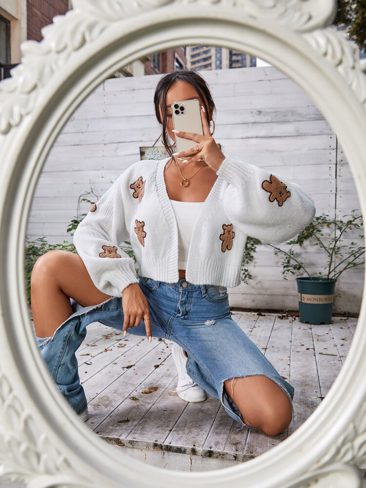 Bear Embroidery Drop Shoulder Duster Cardigan | SHEIN