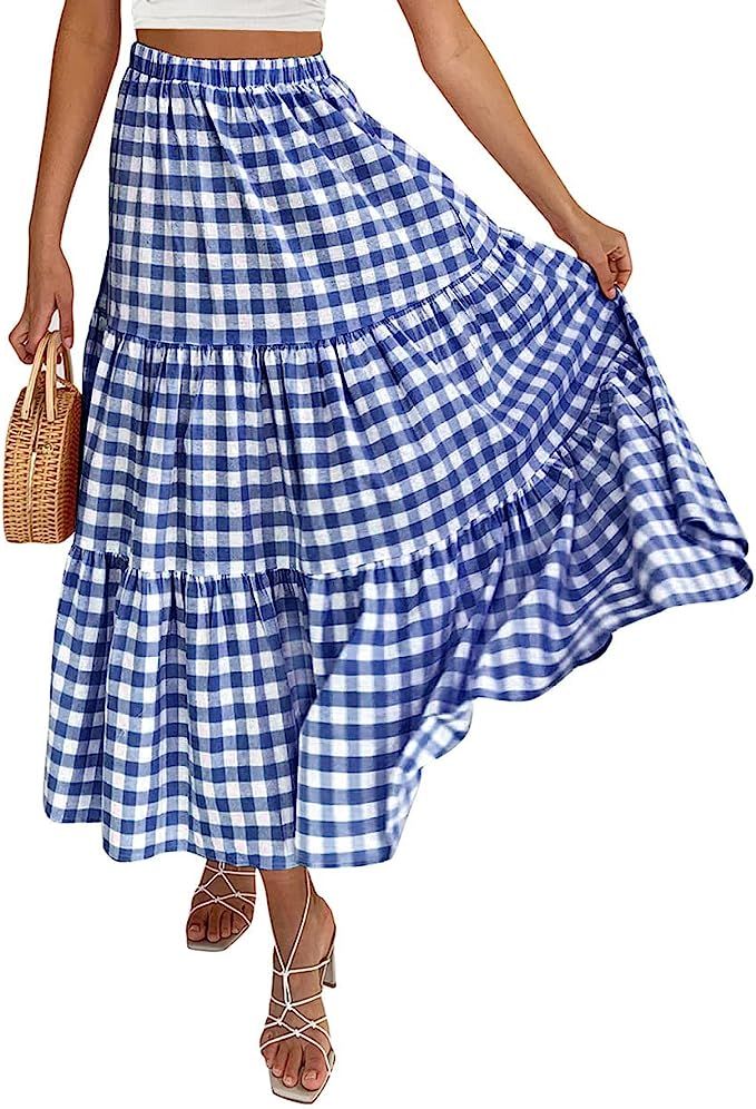 Amazon.com: KIRUNDO Women's Casual High Elastic Waist Plaid Maxi Skirt A-Line Tiered Ruffle Flowy... | Amazon (US)