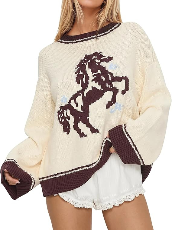 OLAPTA Women Oversized Sweaters Women Crewneck Long Sleeve Horse Print Graphic Pullover Knit Tops... | Amazon (US)