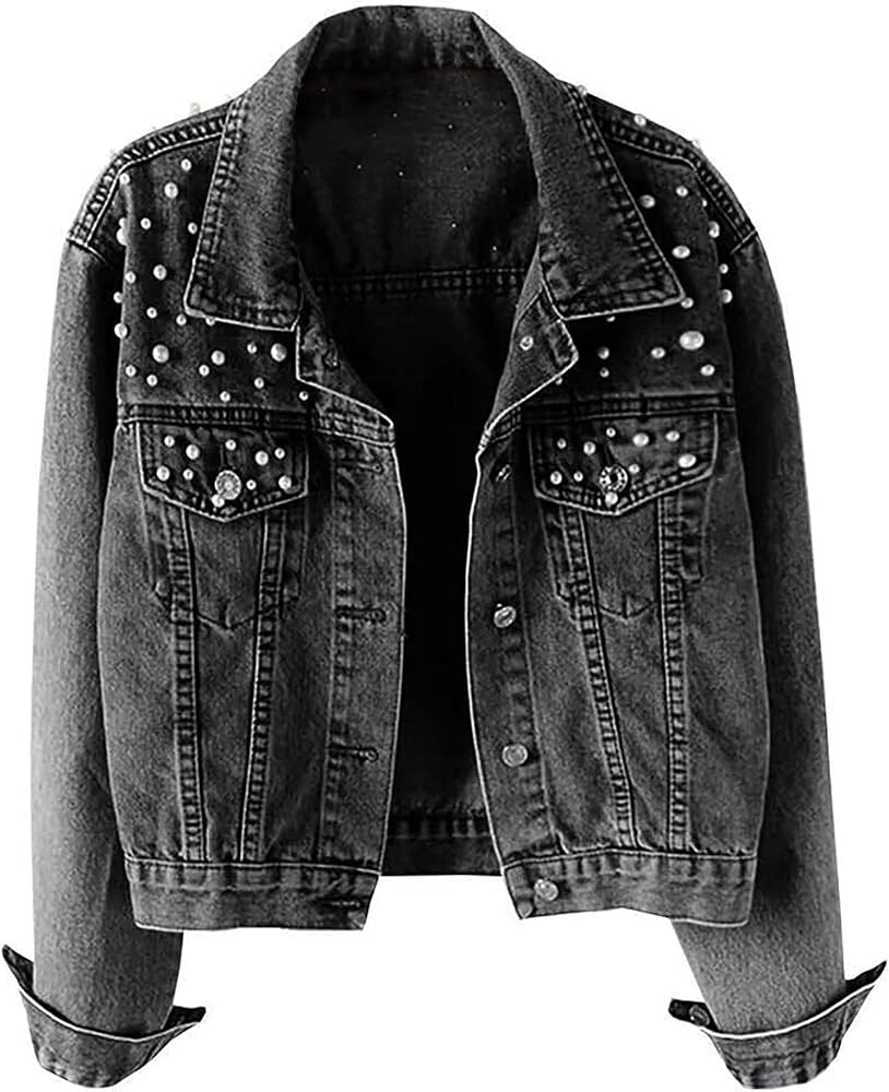 Hixiaohe Women Loose Embroidered Pearls Beading Cropped Denim Jacket Jean Coat | Amazon (US)