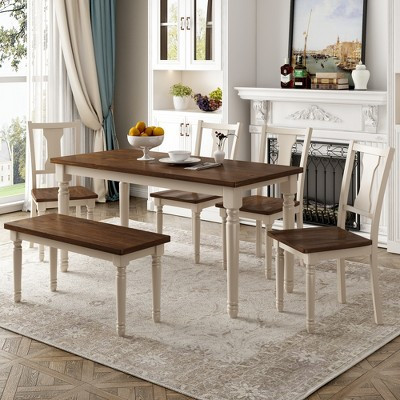 6 Pieces Dining Set Wooden Rectangle Table and 4 Chairs with Bench for Dining Room, Brown+Cottage White | Target