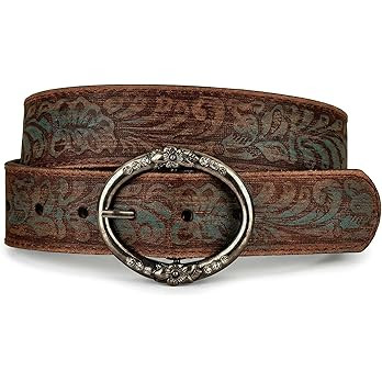 BC Belts Distressed and Embossed Brown Teal Leather Belt with Rhinestone Ring Buckle - Vintage We... | Amazon (US)