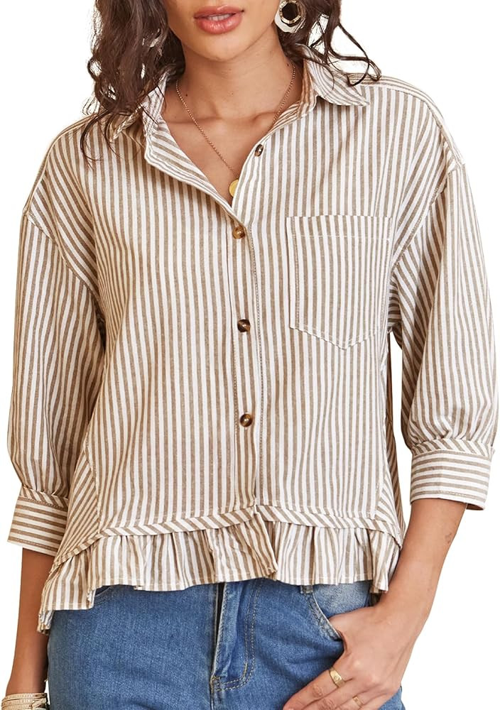PEHMEA Women's Striped Button Down Shirt, 3/4 Sleeves Loose Fit Collared Blouse with Ruffle Casua... | Amazon (US)