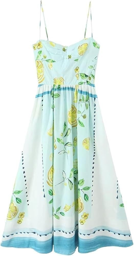 Women's Lemon Print Casual Summer Dress Backless Adjustable Spaghetti Strap A Line Midi Dresses | Amazon (US)