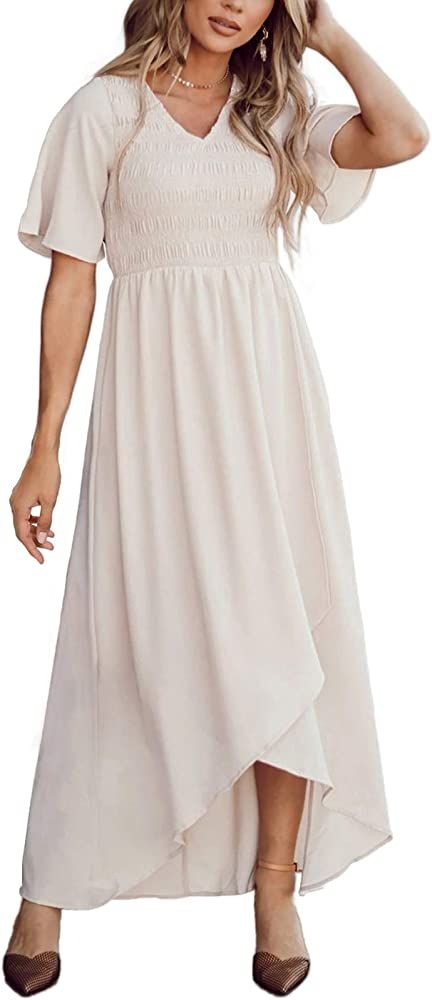Zattcas Womens 2023 Smocked Maxi Dress Short Sleeve Vneck Casual Summer High Low Flowy Long Dress | Amazon (US)