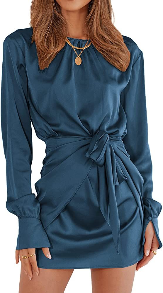 BTFBM Women Casual Long Sleeve Ruched Wrap Dress Crew Neck Tie Waist Short Dresses Solid Party Dr... | Amazon (US)