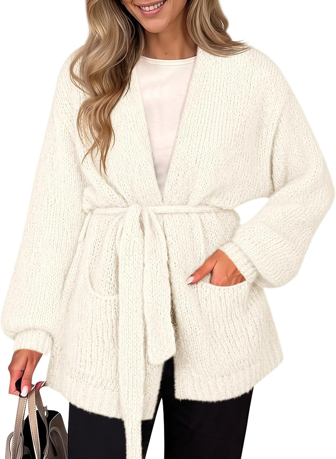 Saodimallsu Womens V Neck Belted Cardigan Sweaters Open Front Knit Coat | Amazon (US)