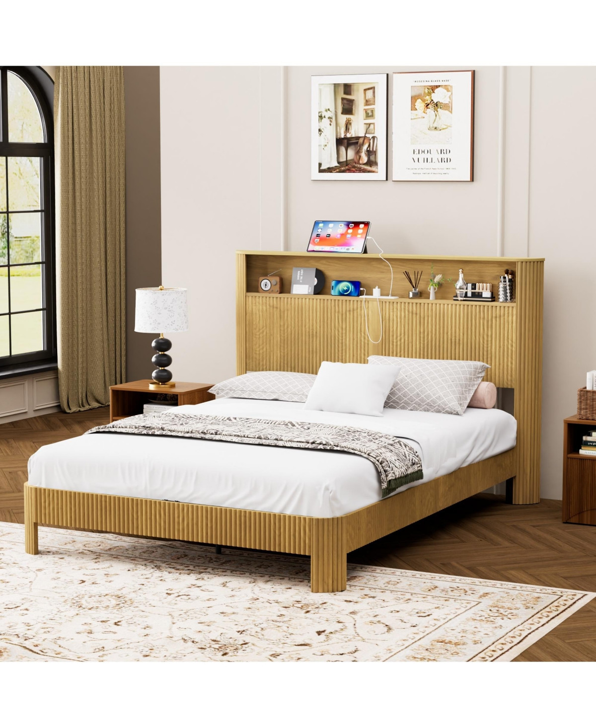 flynama Bed Frame Wavy Curved Storage Headboard Charging Station | Macy's
