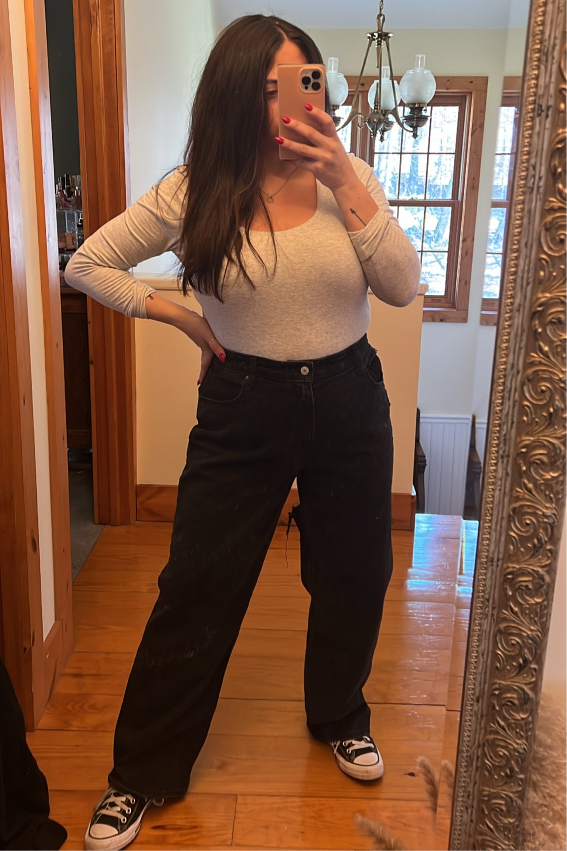 Grey bodysuit 
Black denim
Abercrombie jeans
Converse high top 

#LTKcurves #LTKworkwear #LTKfit