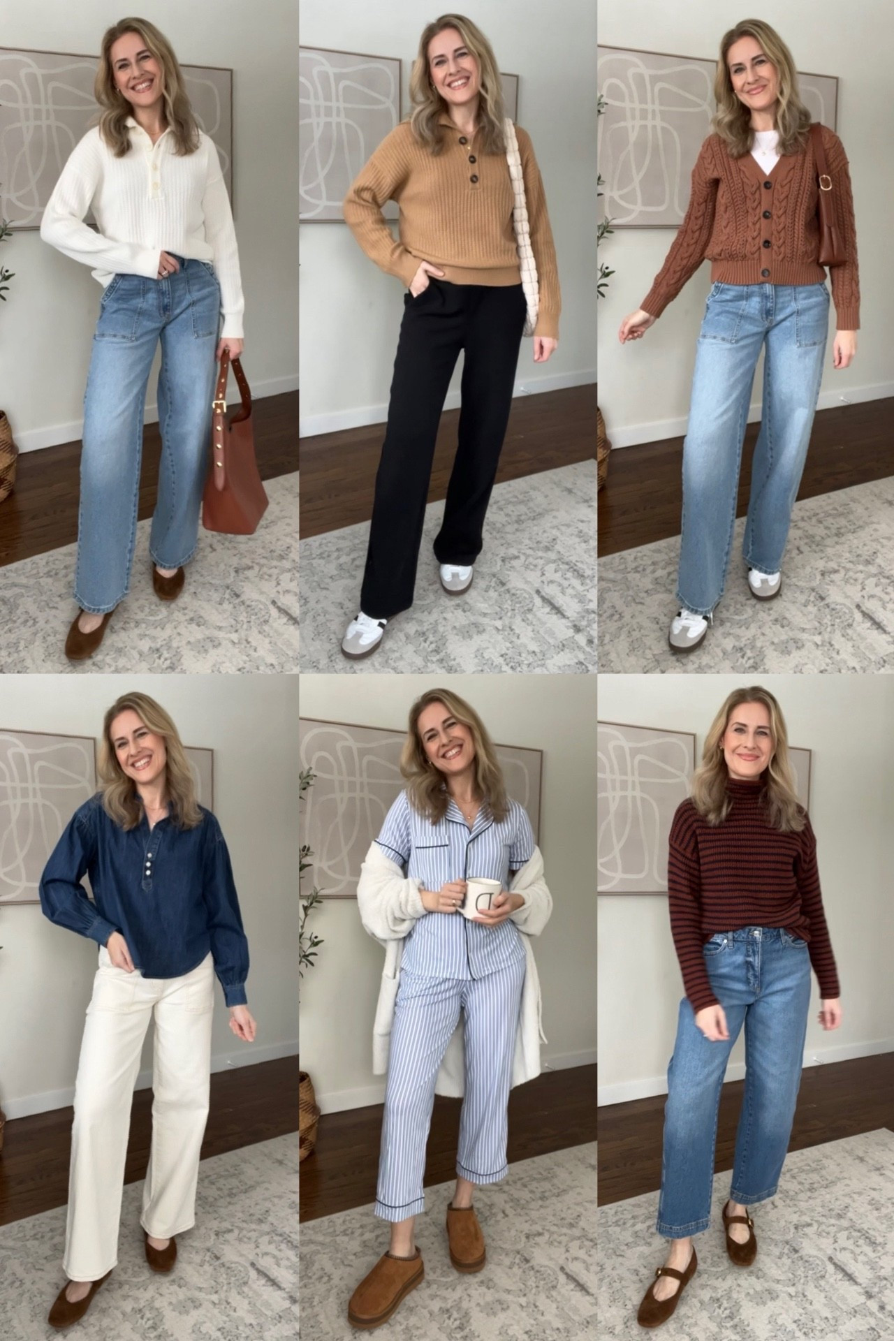 New Walmart outfits! True size small in the ivory sweater, brown cardigan, denim shirt, and pajamas. I sized up to medium in the camel sweater and striped mockneck sweater. Barrel jeans run big, go down at least one size. I went down from 6 to 4, and probably could have gotten the 2. Trouser jeans tts 6. Black pants are from earlier in the season; I’ll link similar. #walmartfashion walmartfinds classic style mom style affordable budget fashion timeless quiet luxury neutral aesthetic preppy New England Connecticut blogger over40

#LTKOver40 #LTKootd