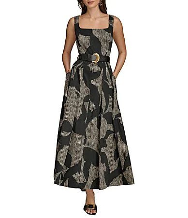 Donna Karan Sleeveless Square Neck A-Line Belted Midi Dress - 2 | Dillard's