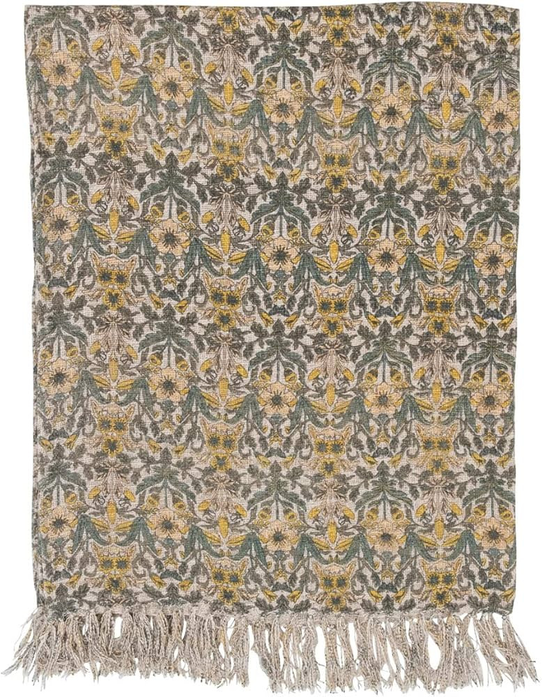 Creative Co-Op Cotton Slub Floral Pattern and Fringe Blanket Throw, Single, Green/Yellow Twin | Amazon (US)