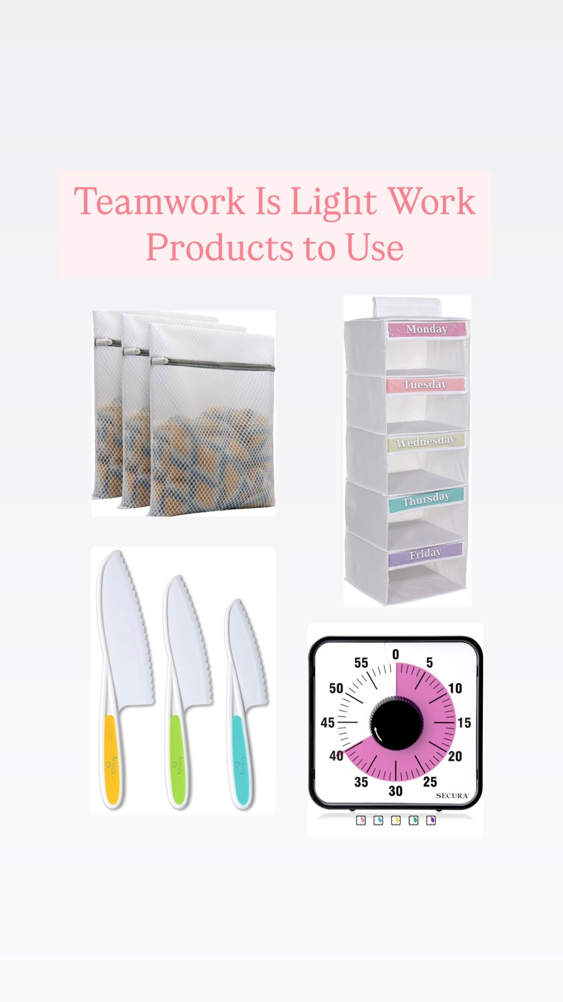 Products to use for a teamwork is light work family 