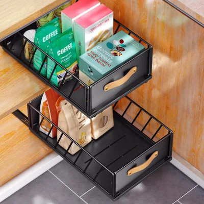 Pull Out Cabinet Organizer Fixed With Adhesive Nano Film,Heavy Duty Slide Out Pantry Shelves Drawer Storage,Sliding Mesh Cabinet Basket With Handle | Wayfair North America